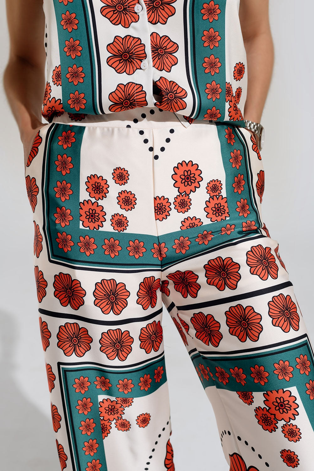 Satin Creme Flared Pants with Floral Design