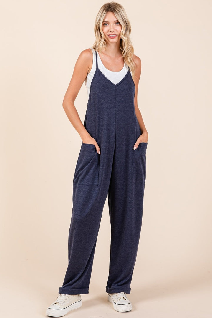 Navy Blue Patch Pocket Wide Leg Sleeveless Jumpsuit