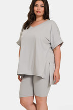 V-Neck Short Sleeve Slit T-Shirt and Shorts Set Light Grey