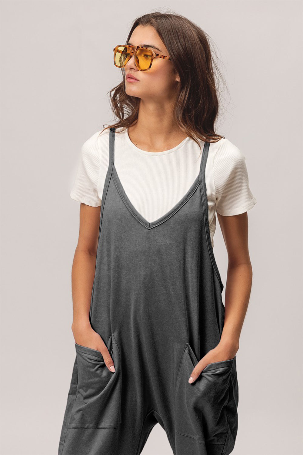 Charcoal Washed Sleeveless Overalls with Front Pockets