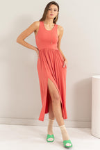 Coral Sleeveless Slit Midi Dress