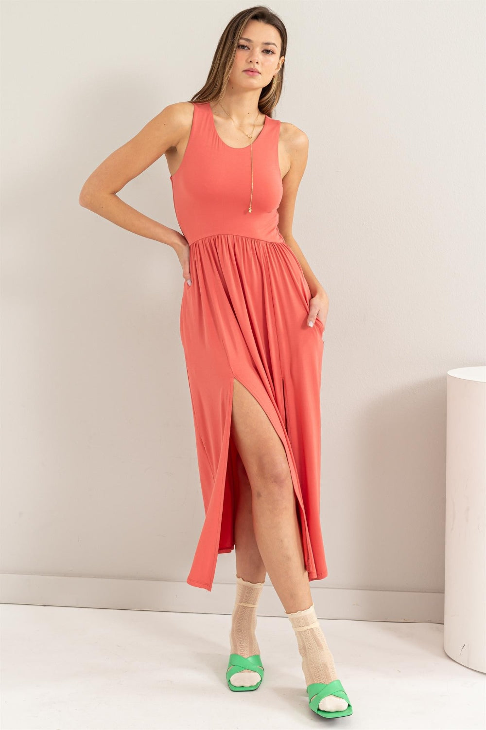 Coral Sleeveless Slit Midi Dress