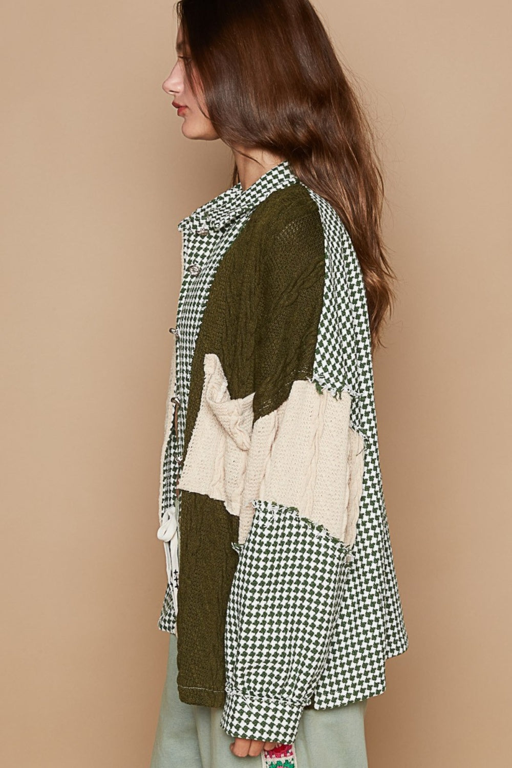 Olive Houndstooth Contrast Cable Knit Pocket Shacket