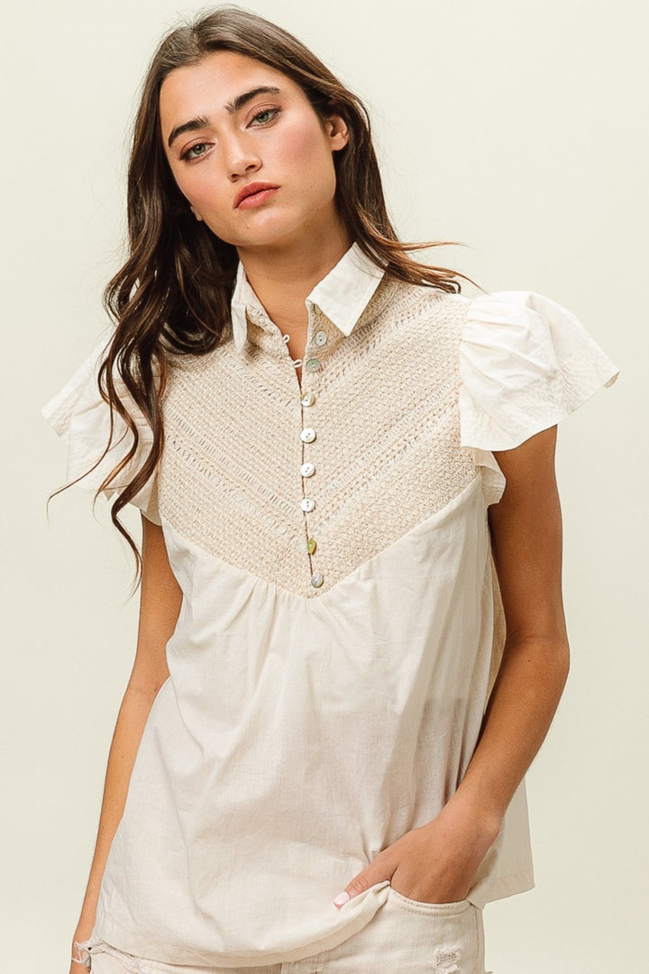 Ivory Half Button Collared Neck Short Sleeve Top