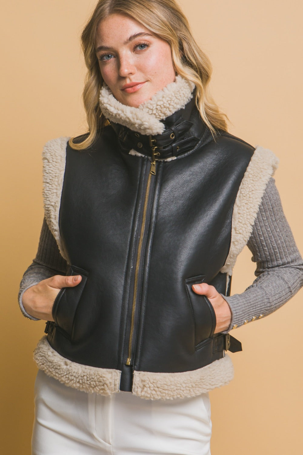 Black Sherpa Zip Up Vest with Pockets