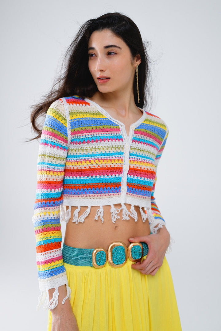 Cropped Crochet Cardigan in Multicolor Stripe