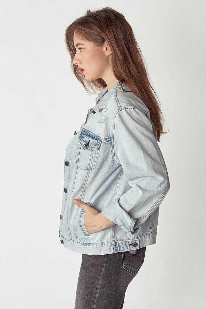 Light Denim Distressed Button Up Jacket