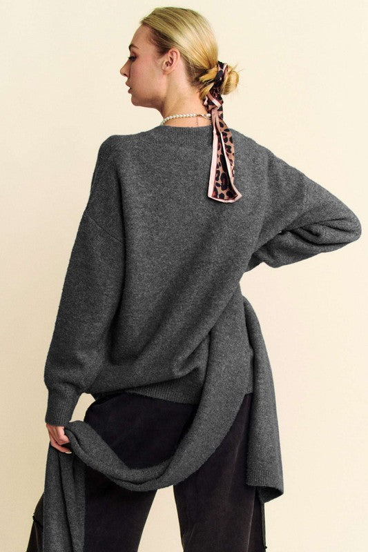 V-Neck Dropped Shoulder Sweater with Scarf Set in Dark Gray