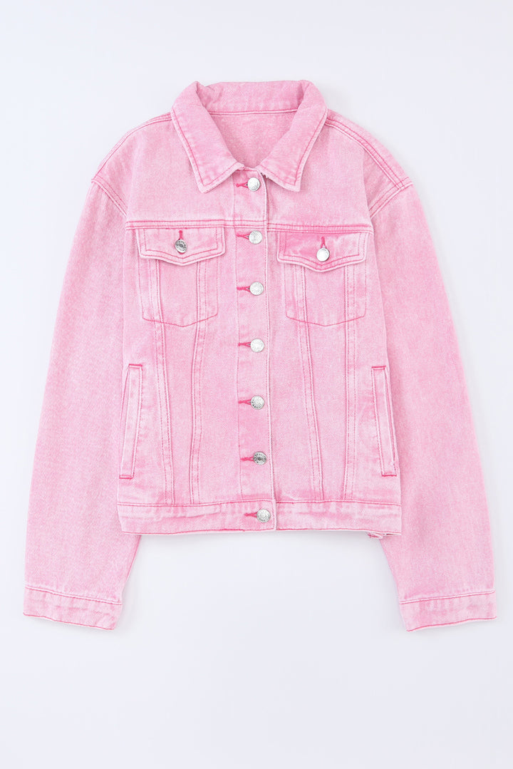 Blush Pink Pocketed Button Up Collared Neck Denim Jacket