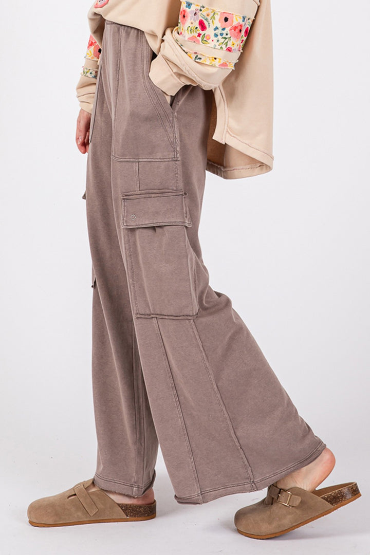 Charcoal Knit Terry Mineral Wash Wide Leg Pants