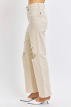 Beige Bone Full Size High Waist Distressed Wide Leg Jeans