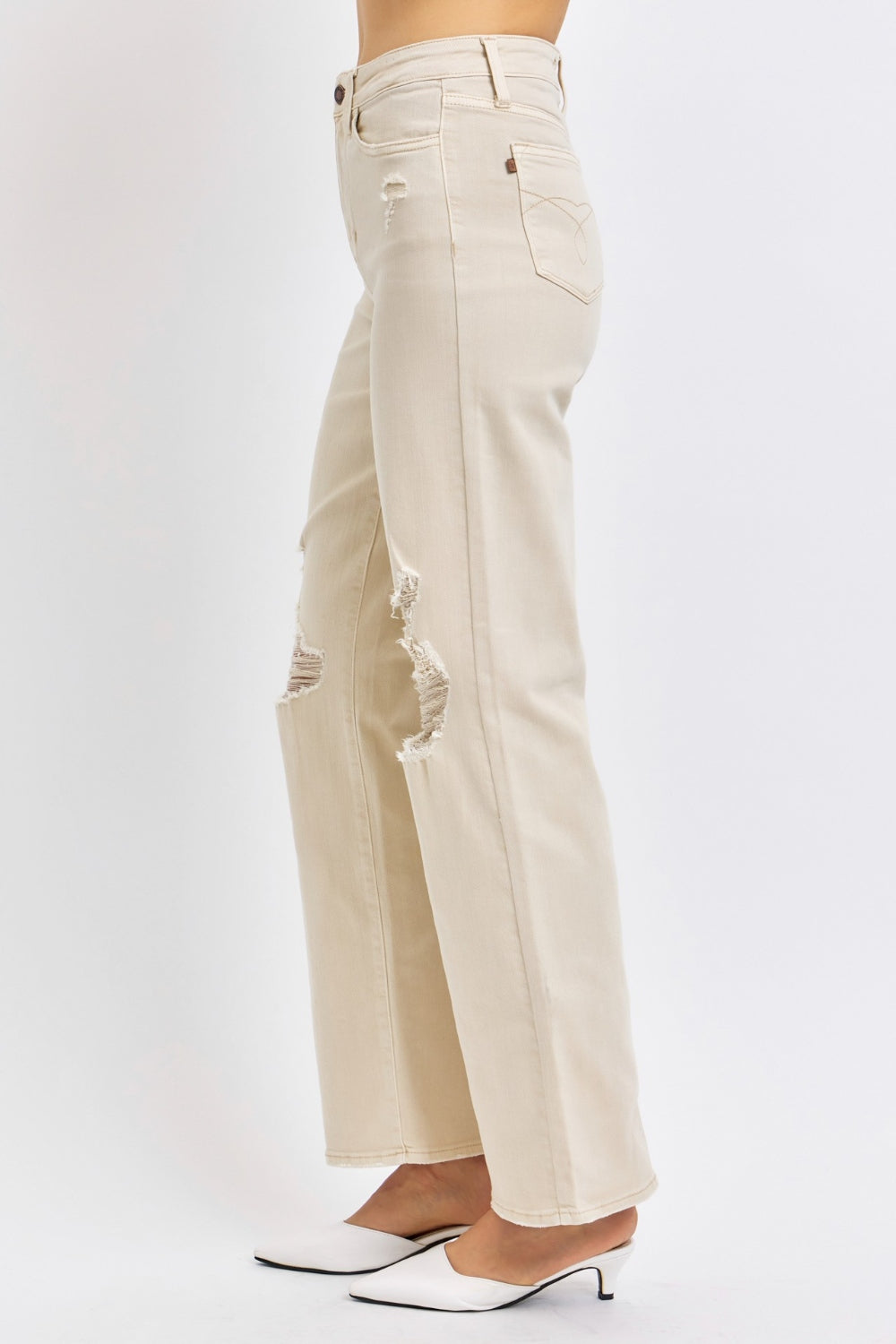Beige Bone Full Size High Waist Distressed Wide Leg Jeans