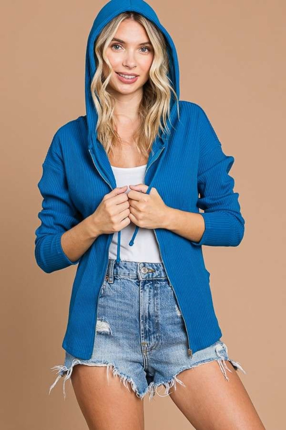 Blue Teal Full Size Ribbed Zip Up Drawstring Hooded Jacket
