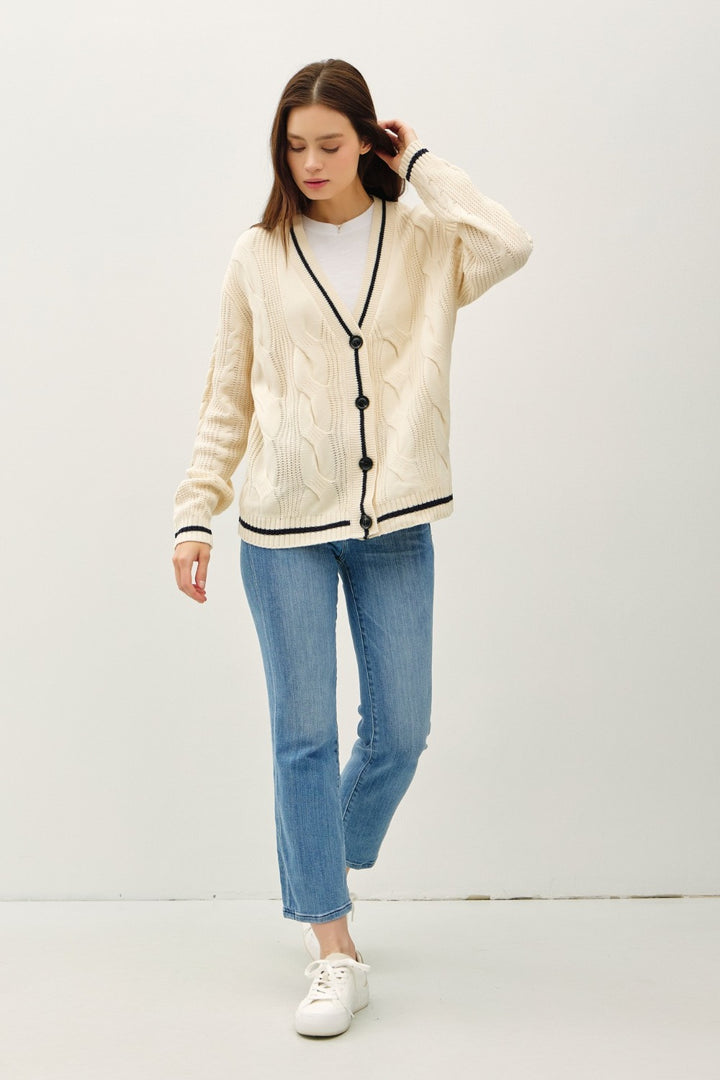 Beige Contrast Trim Cable-Knit V-Neck Cardigan