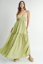 Sage Cutout Waist Backless Maxi Dress