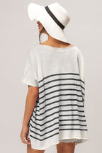 Black Striped V-Neck Short Sleeve Top