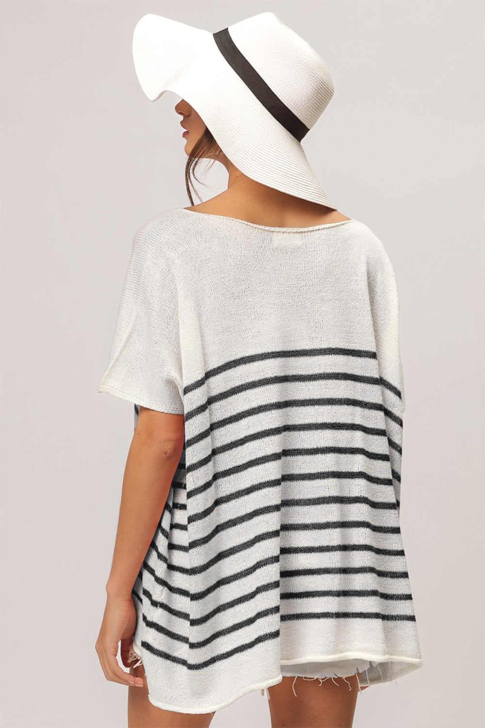 Black Striped V-Neck Short Sleeve Top