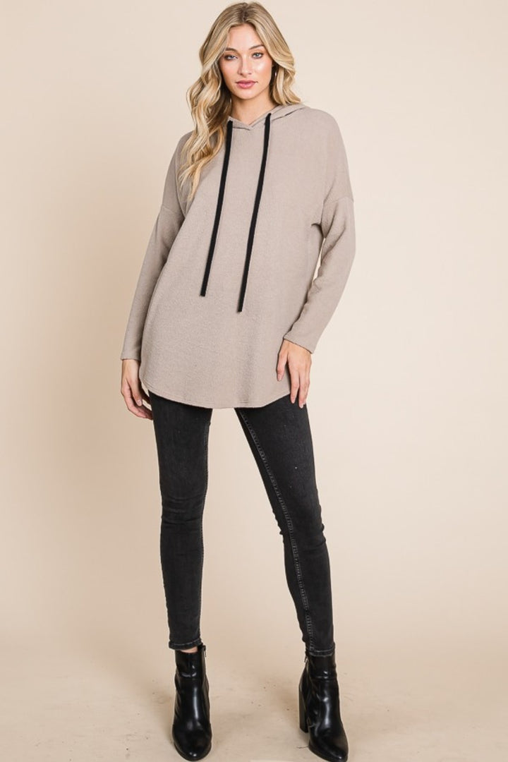 Taupe Contrast Drawstring Drop Shoulder Knit Hoodie