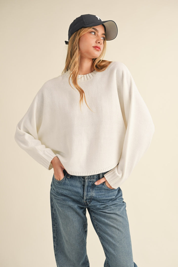 Off White Round Neck Dolman Sleeve Cropped Sweater