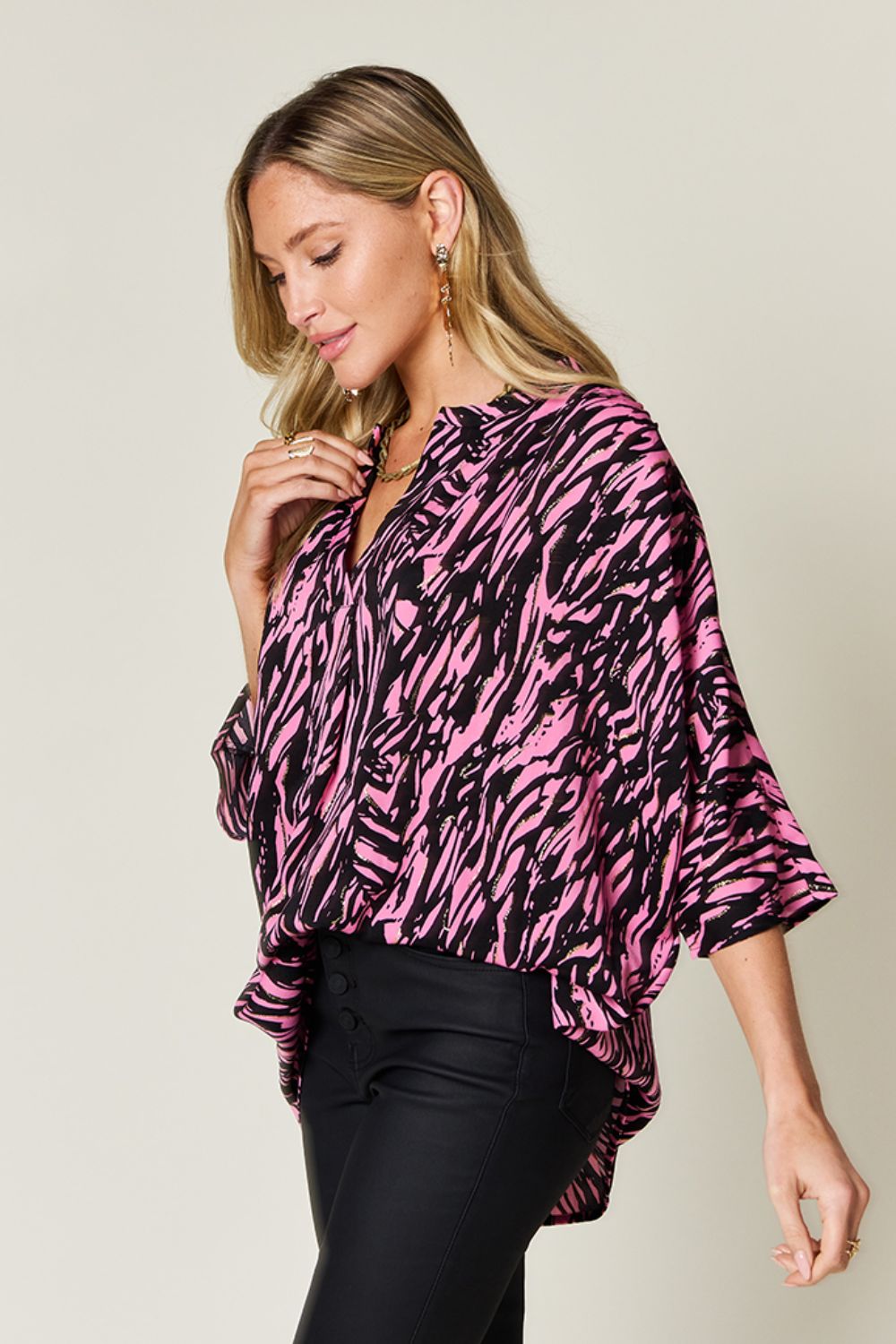 Double Take Printed Notched 3/4 Sleeve Blouse