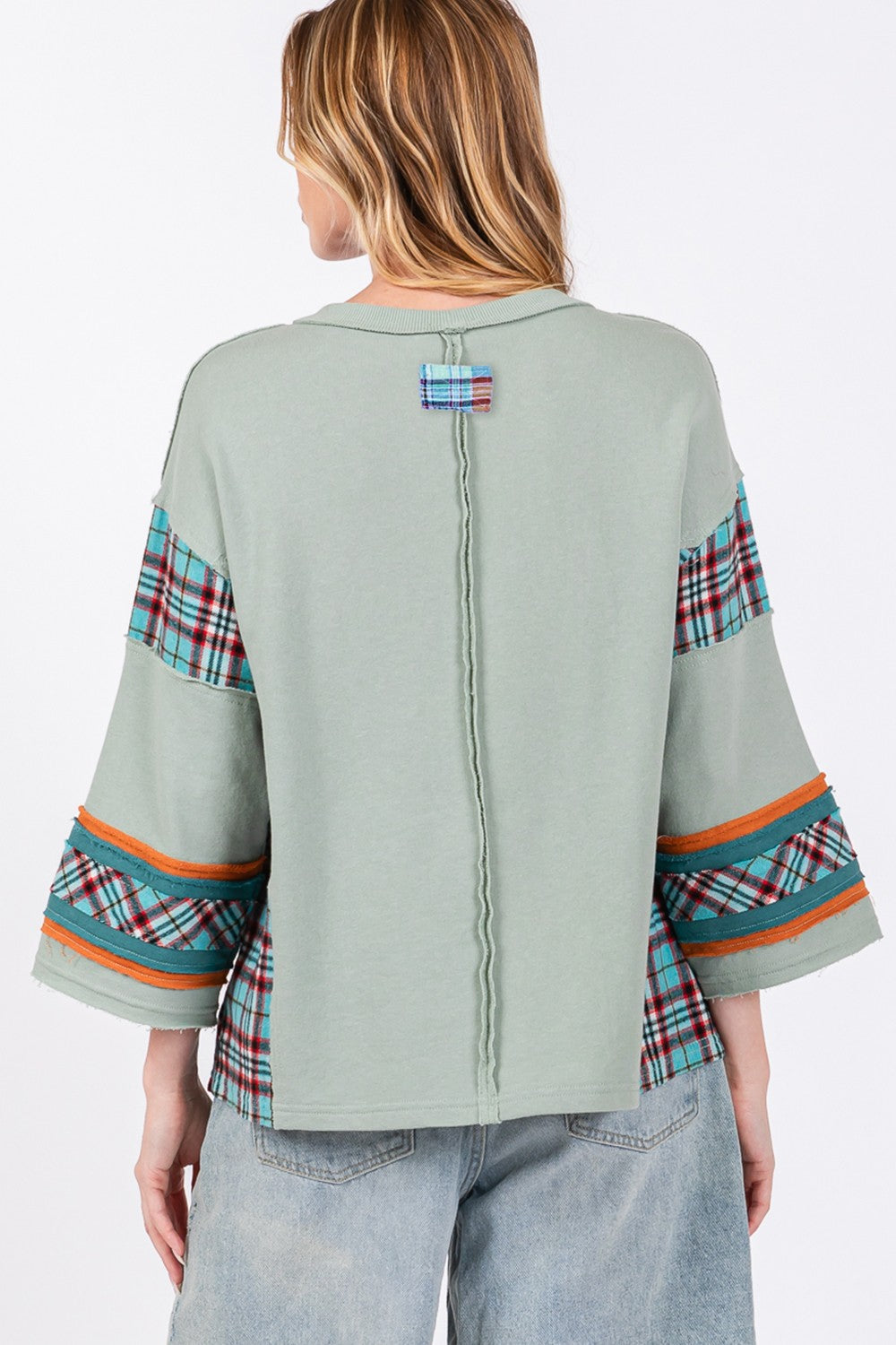 Peace Applique Patch Contrast Plaid Top