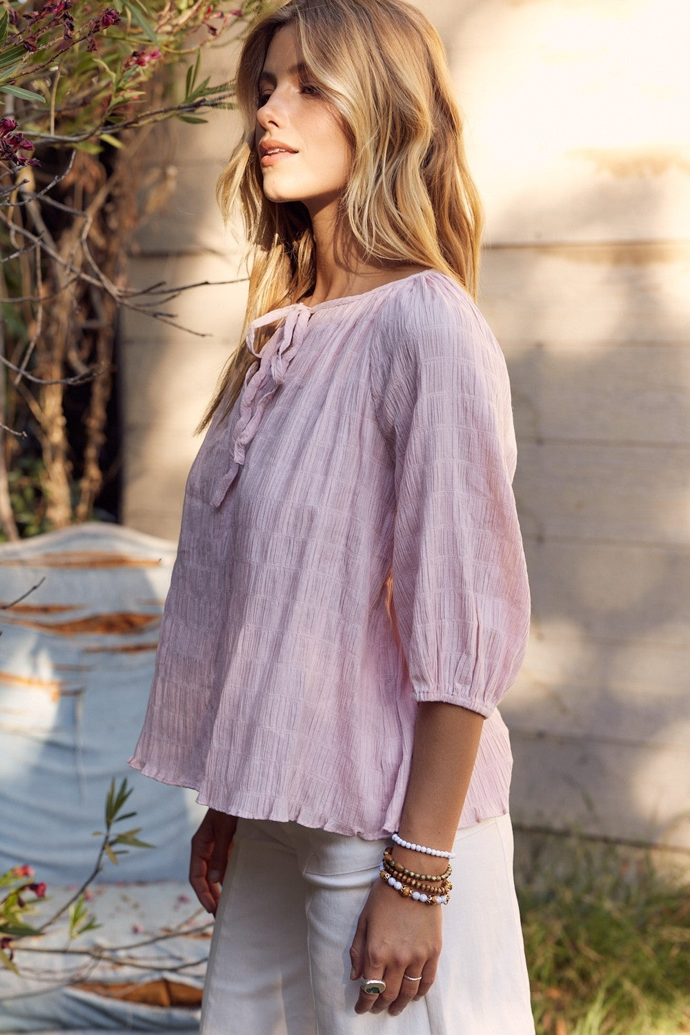 Dusty Pink Textured Tie Neck Blouse