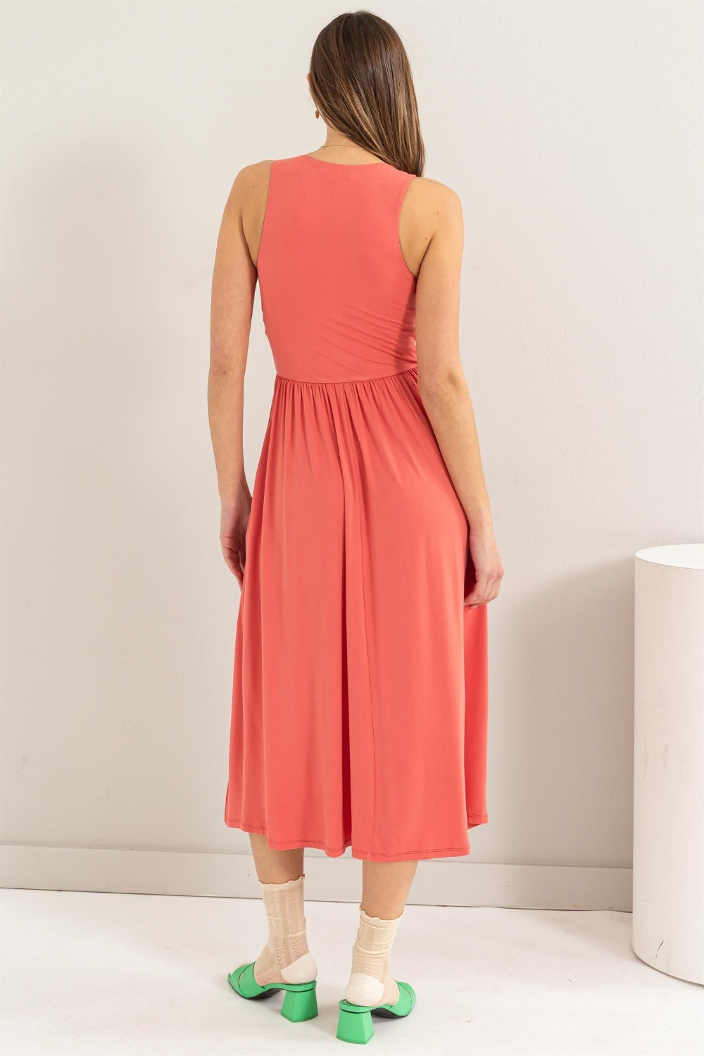 Coral Sleeveless Slit Midi Dress