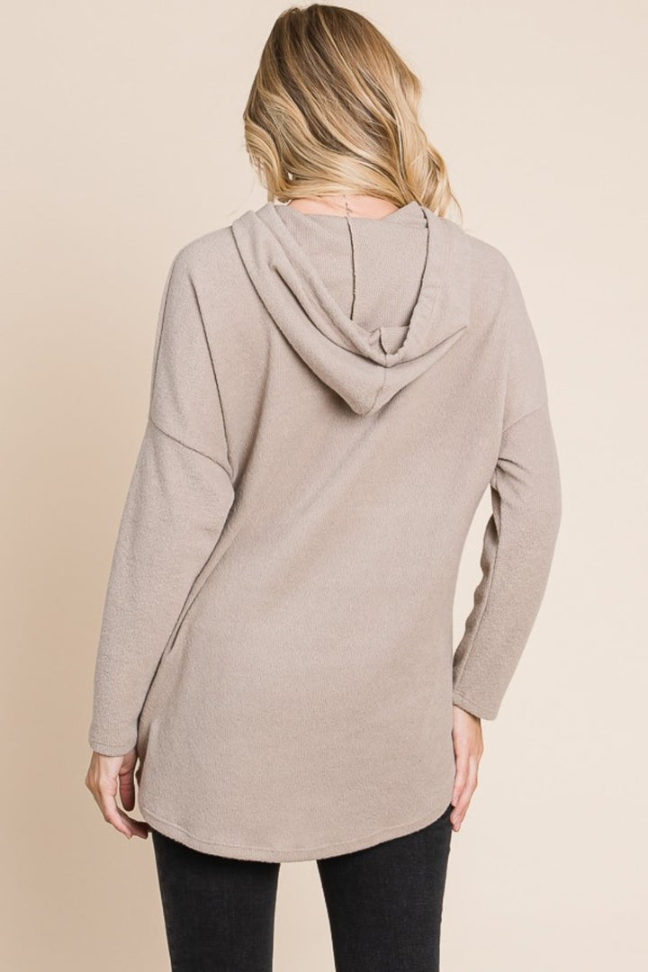 Taupe Contrast Drawstring Drop Shoulder Knit Hoodie