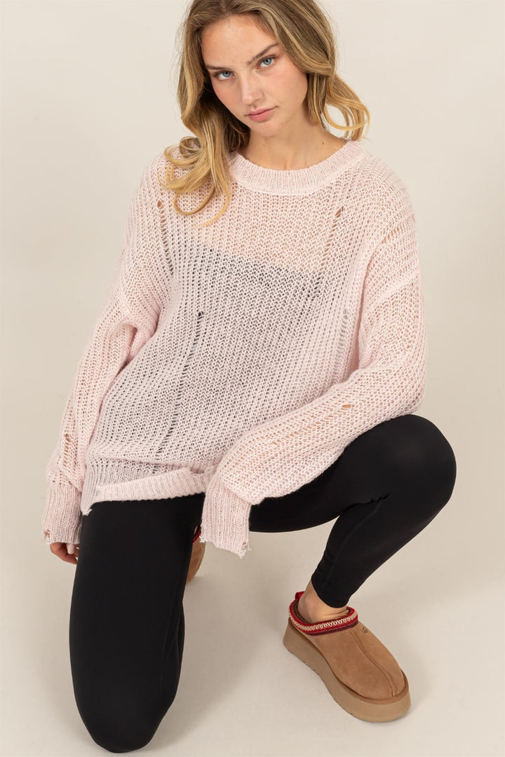 Pale Pink Distressed Long Sleeve Knit Top