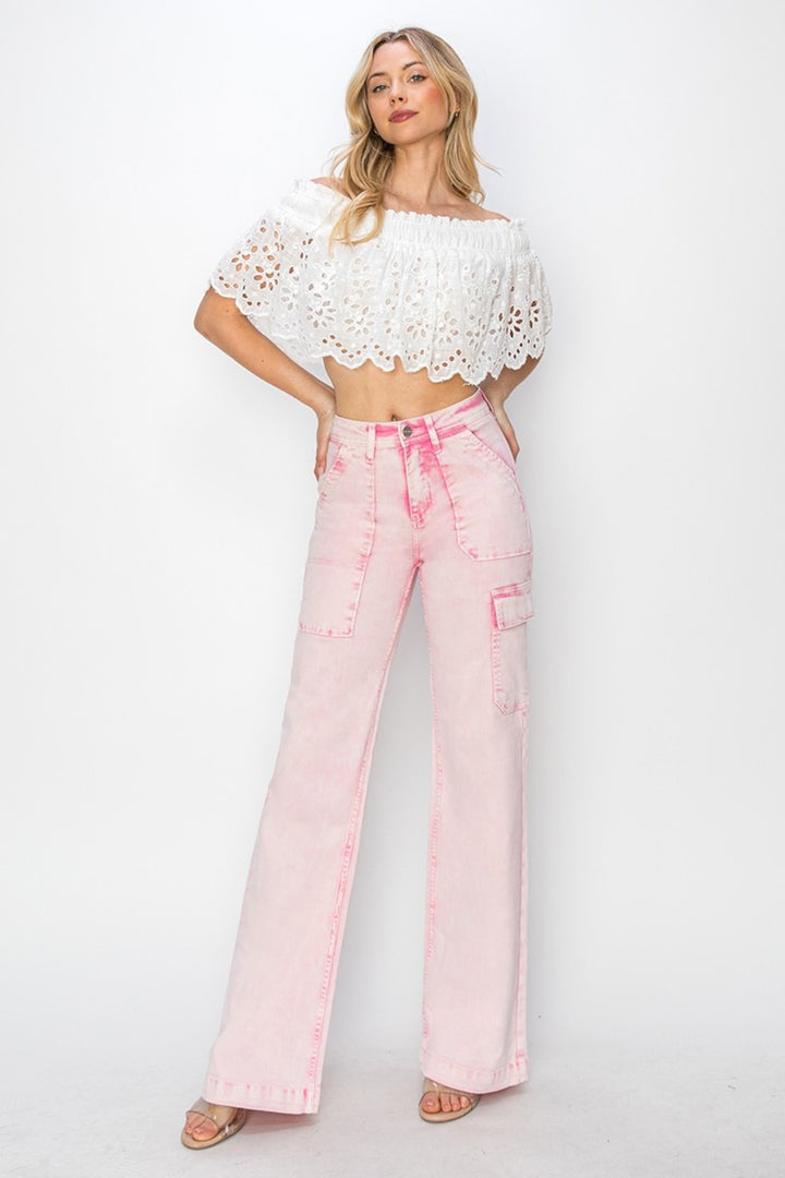 Acid Pink High Rise Wide Leg Cargo Pocket Jeans