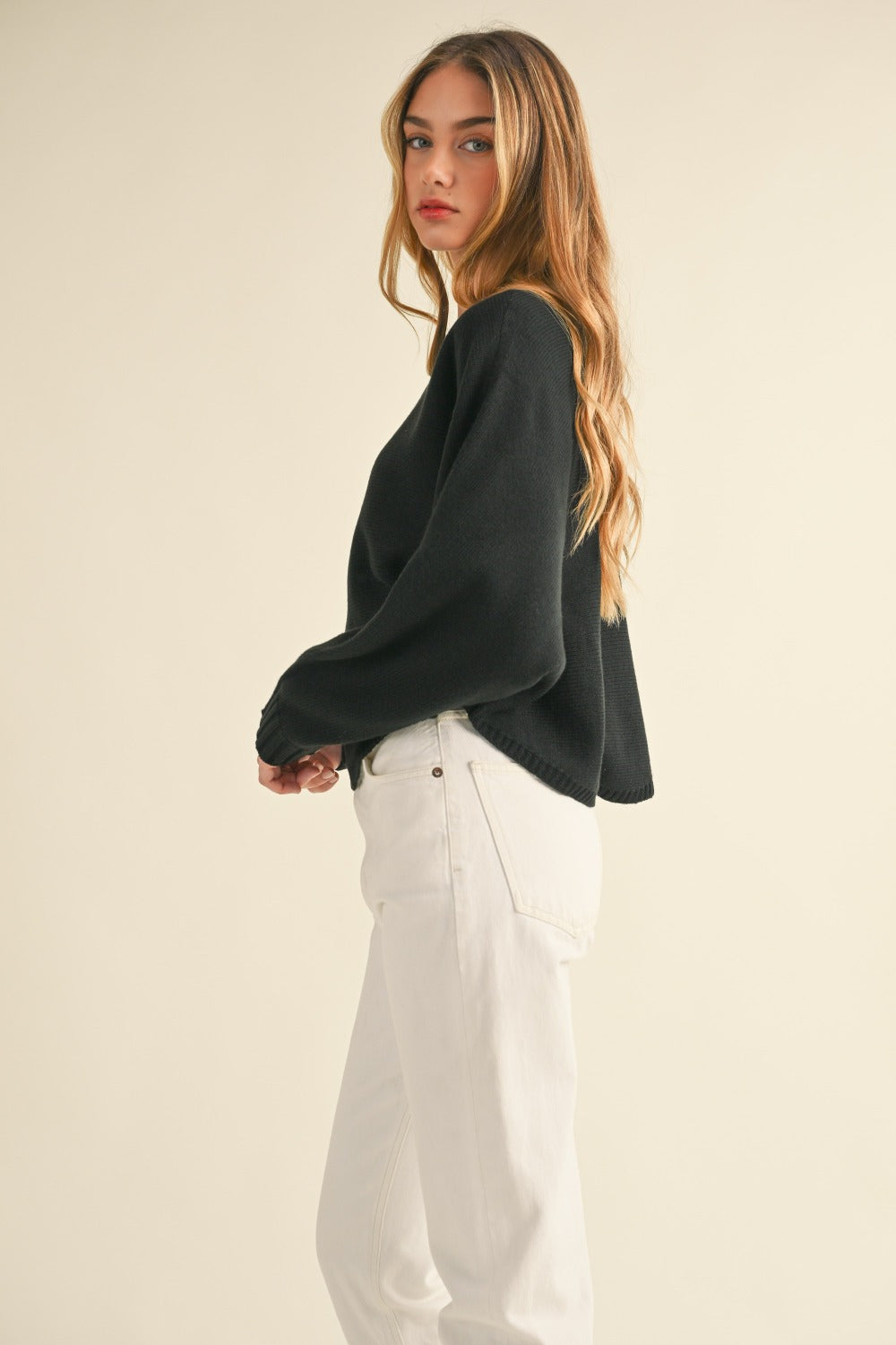 Black Round Neck Dolman Sleeve Cropped Sweater