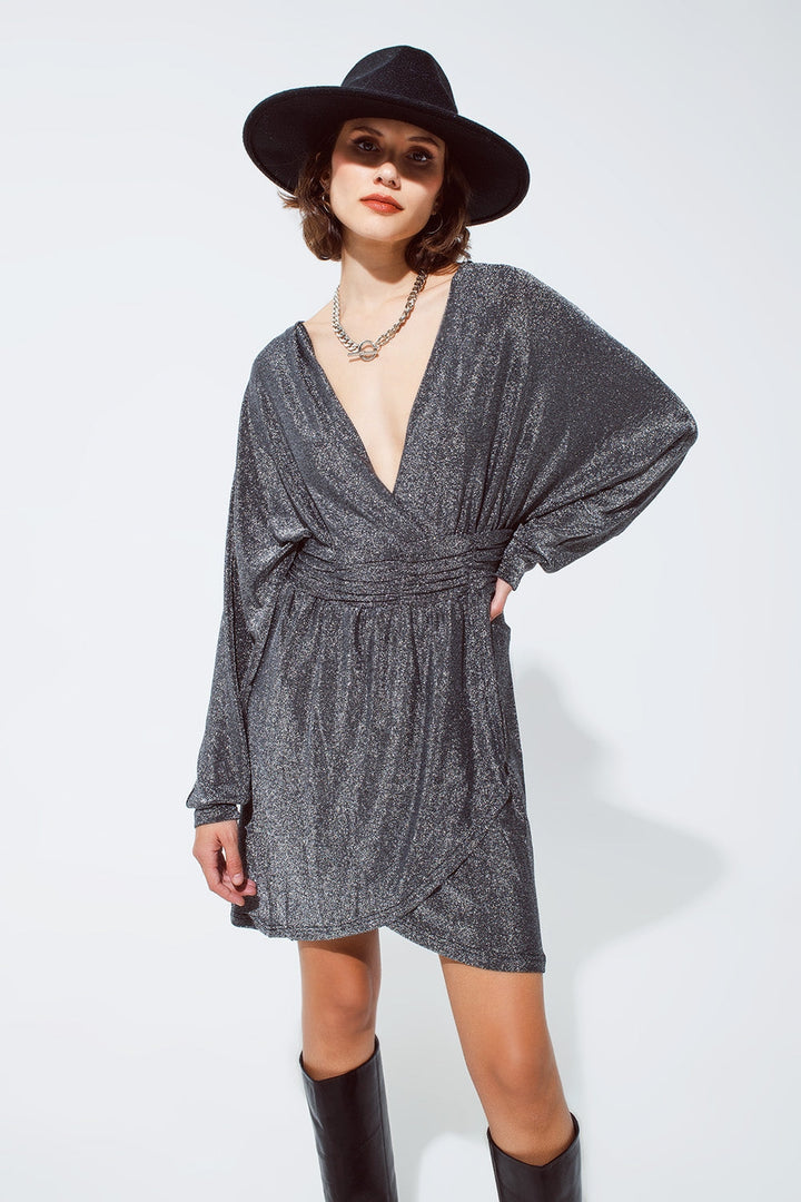 Mini Length Glitter Dress with Deep V-Neck in Silver