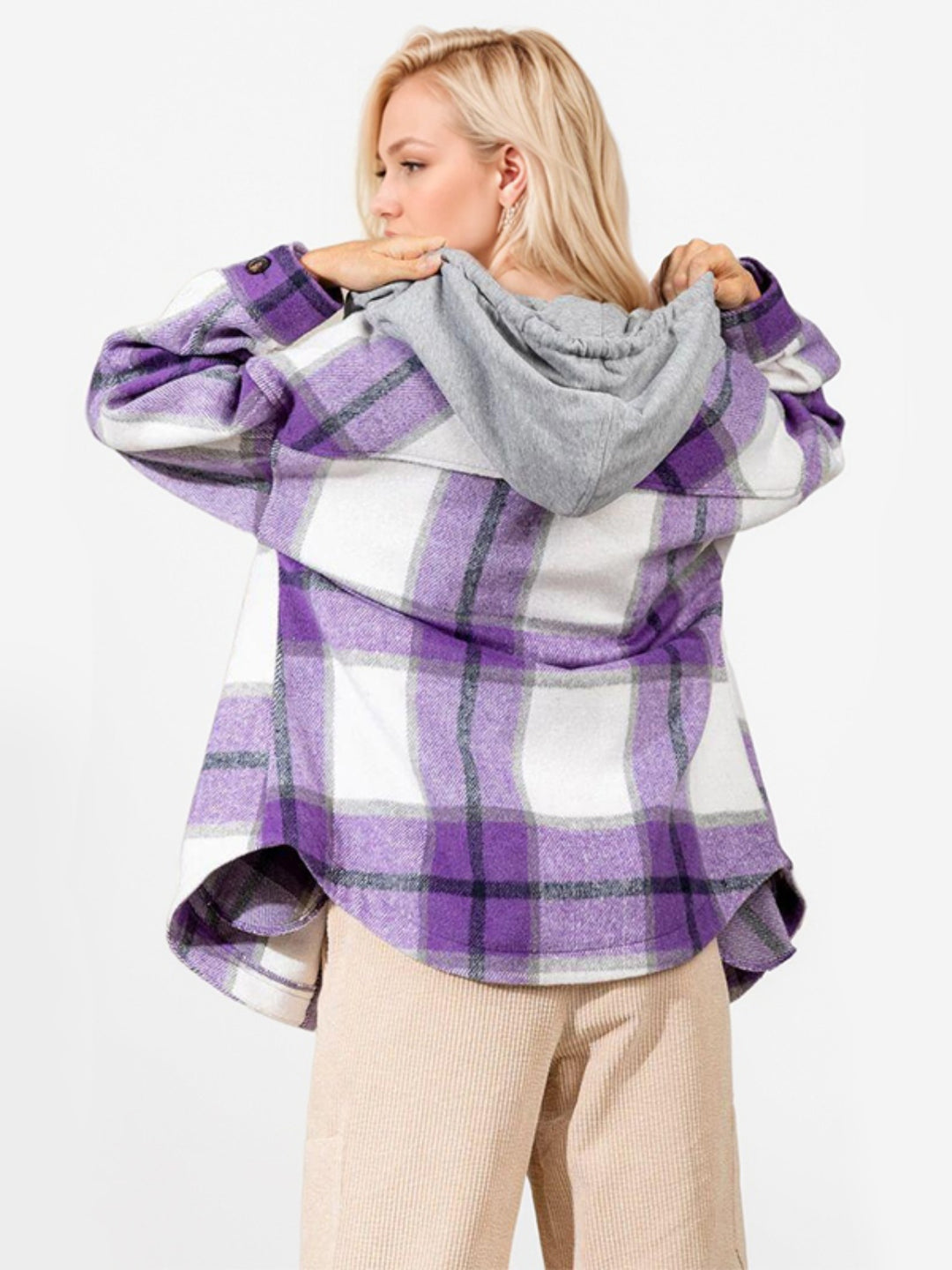 Drawstring Plaid Button Up Long Sleeve Hooded Shacket