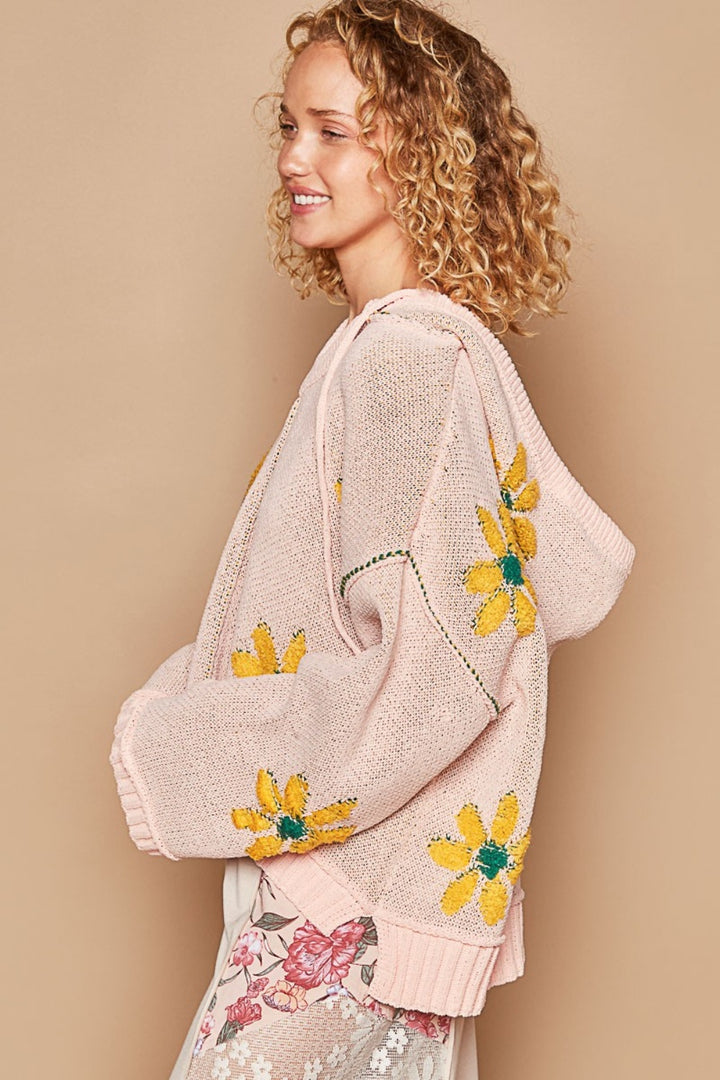 Floral Pattern Hooded High-Low Sweater Pink