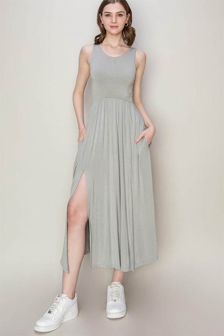 Gray Sleeveless Slit Midi Dress