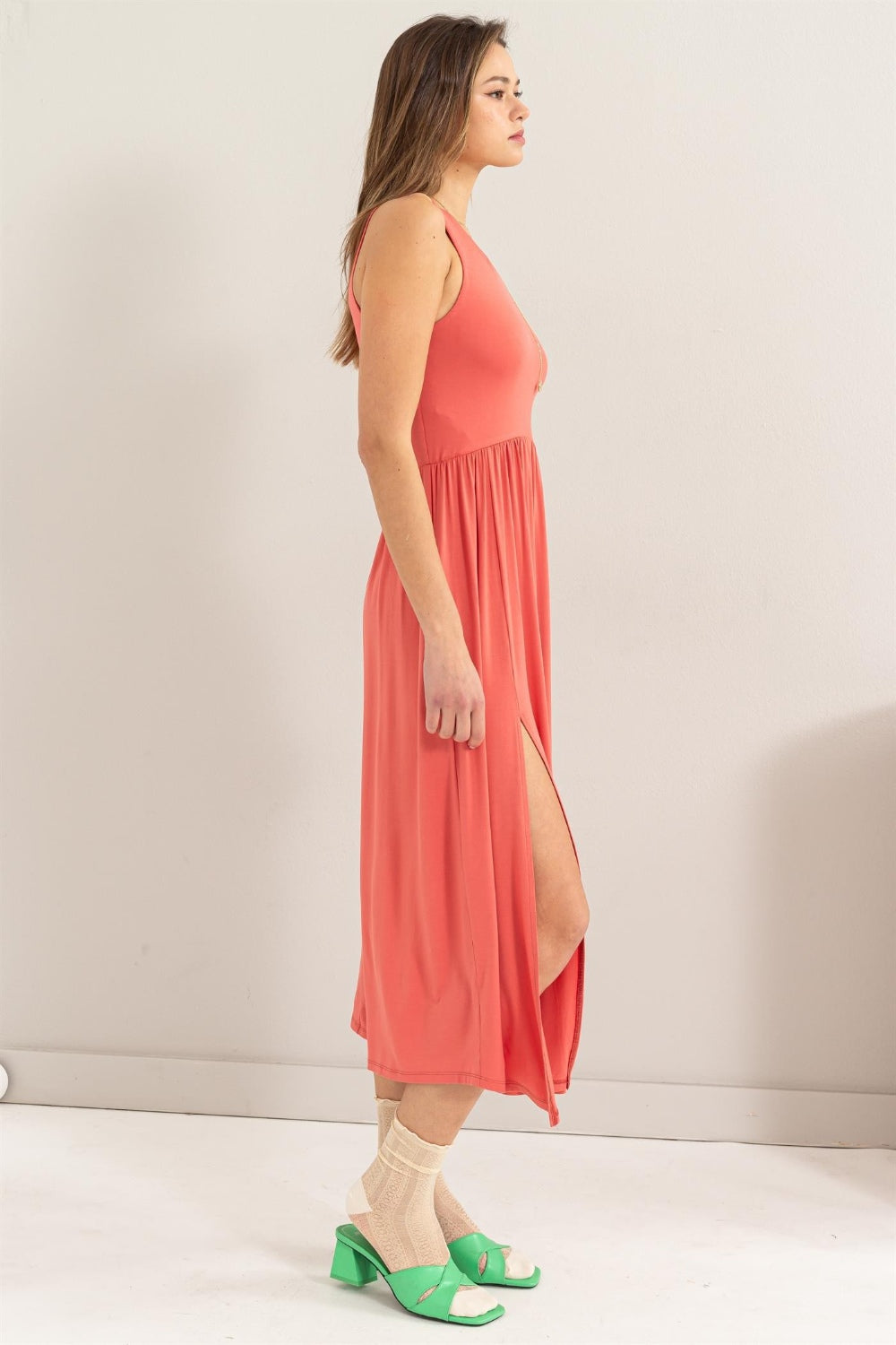 Coral Sleeveless Slit Midi Dress