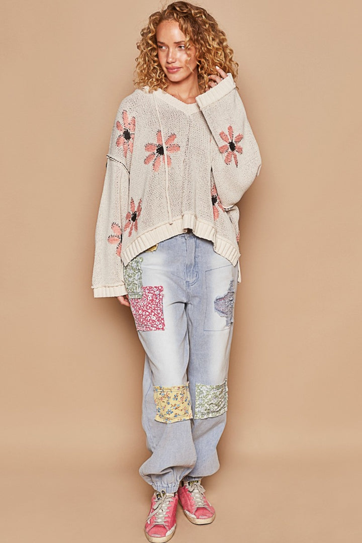 Floral Pattern Hooded High-Low Sweater