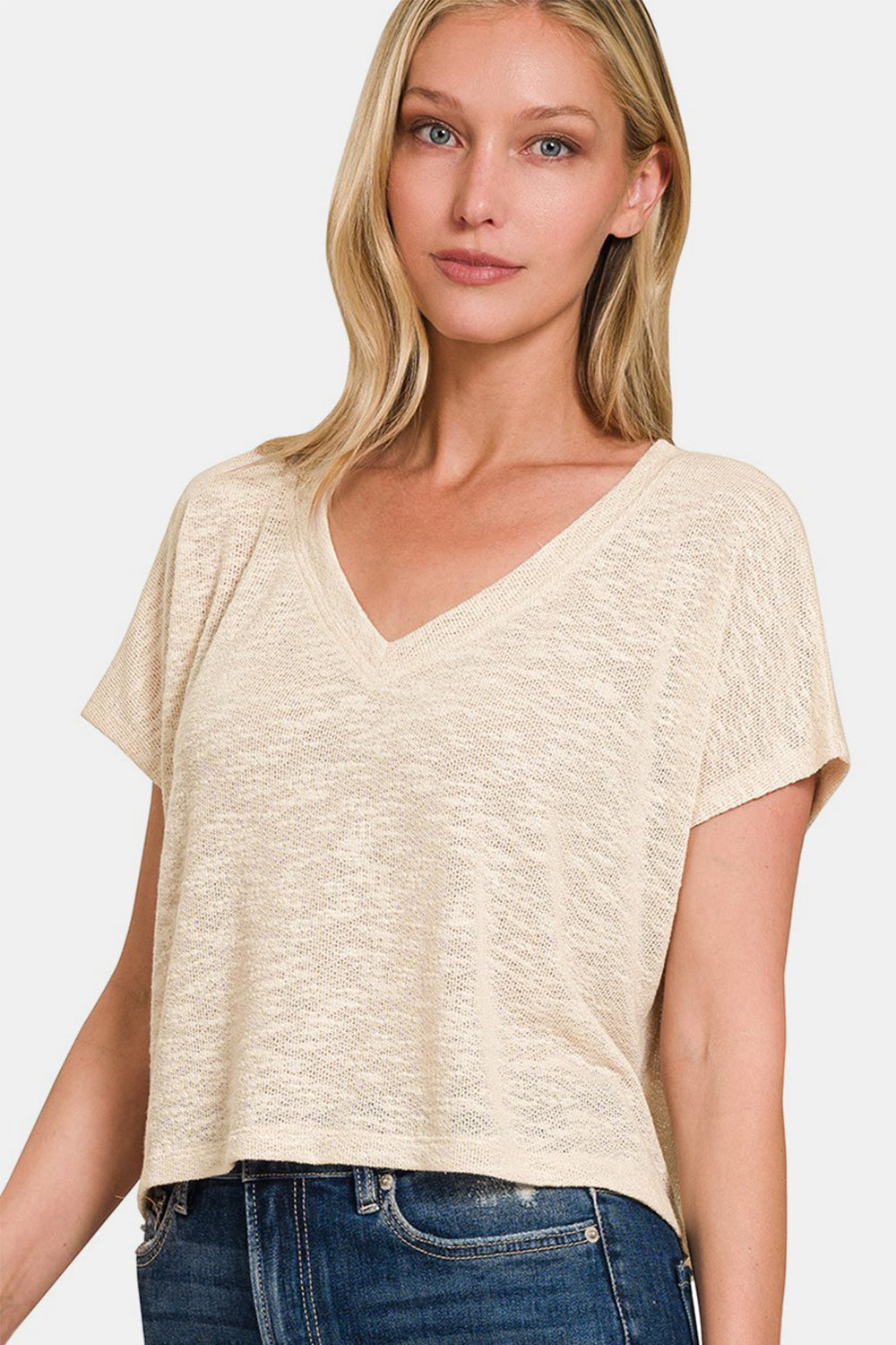 Sand Beige V-Neck Short Sleeve Crop T-Shirt