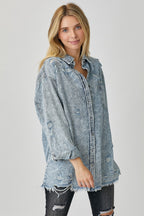 Acid Light Distressed Raw Hem Denim Shirt