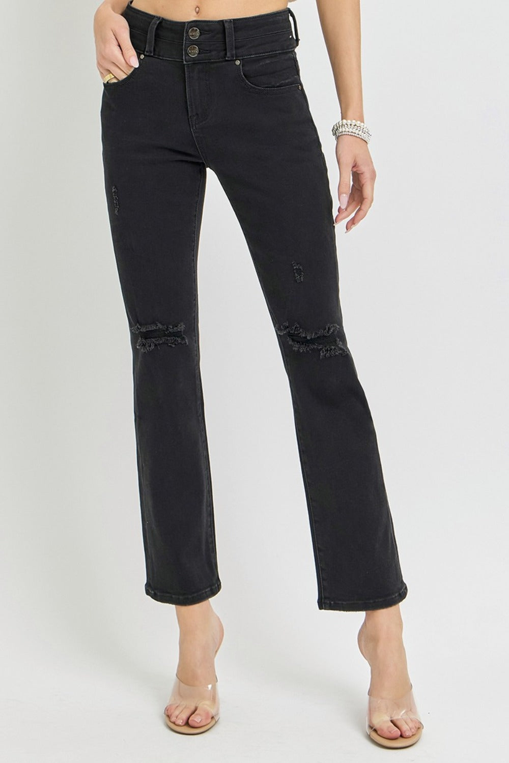 Black High Rise Wide Waistband Ankle Bootcut Jeans