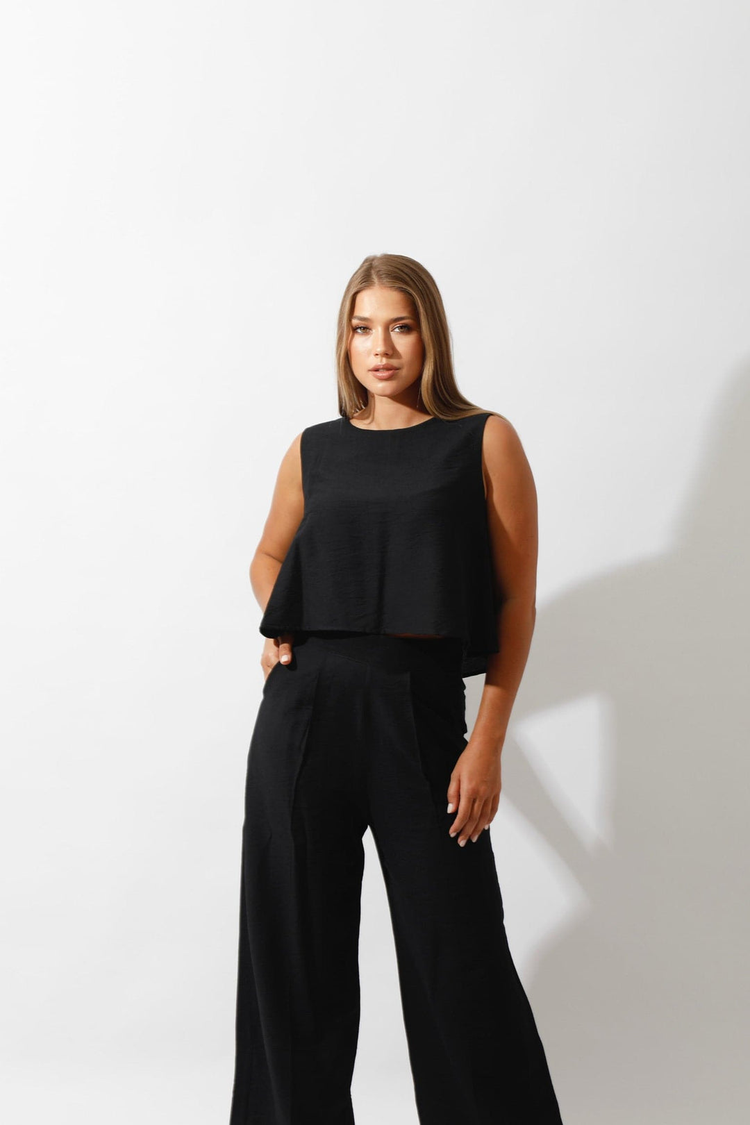 Sleeveless Tank Top & Wide Leg Pants Lounge Set Black