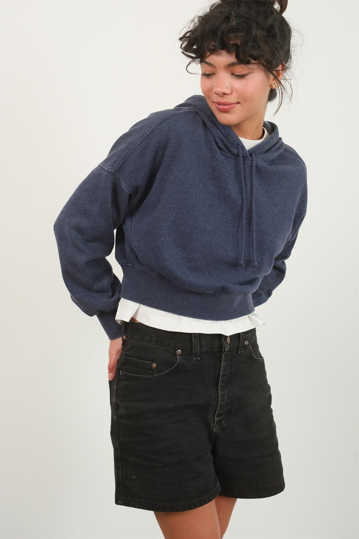 Dark Blue Drop Shoulder Cropped Hoodie