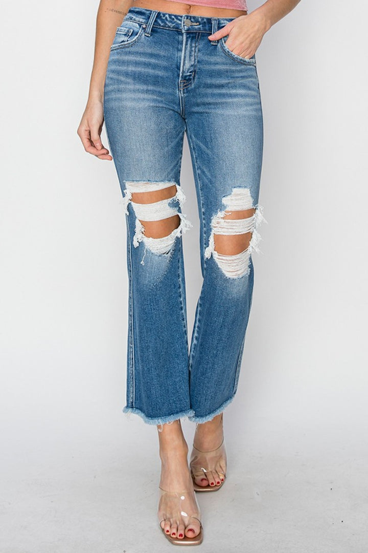 Distressed Mid Rise Cropped Flare Jeans