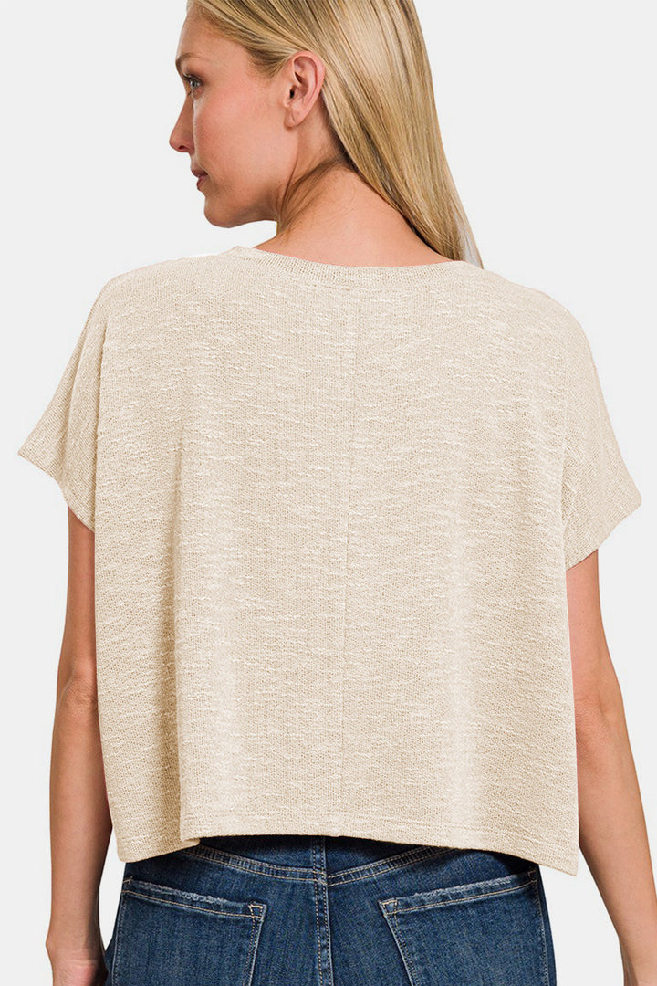 Sand Beige V-Neck Short Sleeve Crop T-Shirt
