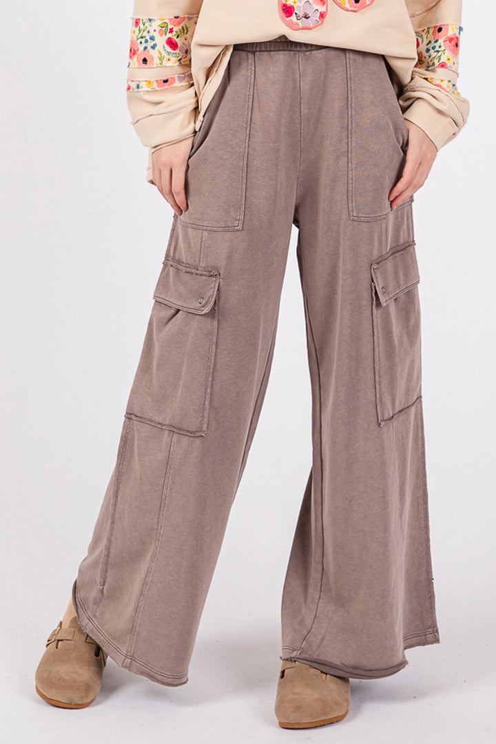 Charcoal Knit Terry Mineral Wash Wide Leg Pants