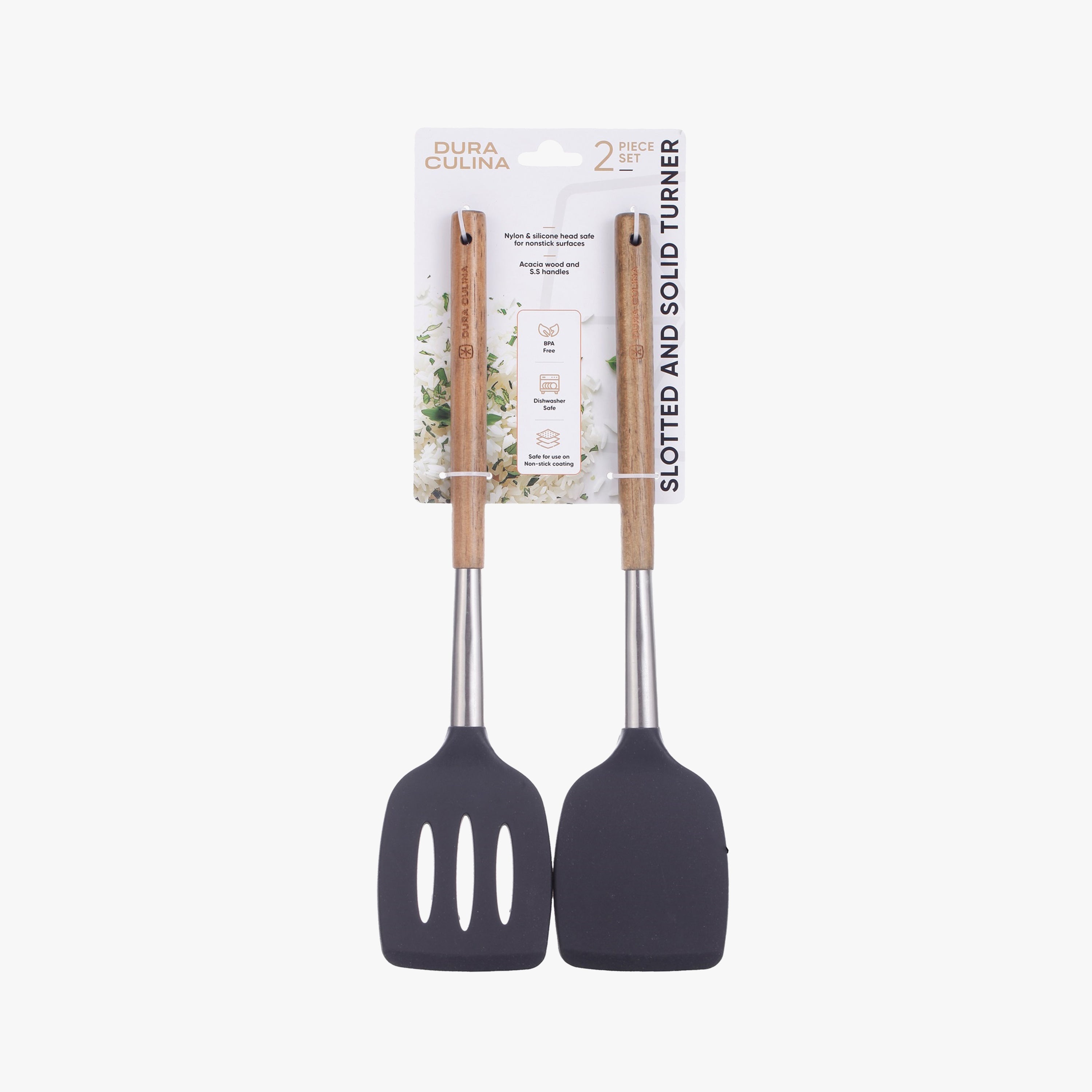 Acacia Wood & Stainless Steel Silicone Heads Non-Stick 2-Piece Solid & Slotted Turner Set | Black