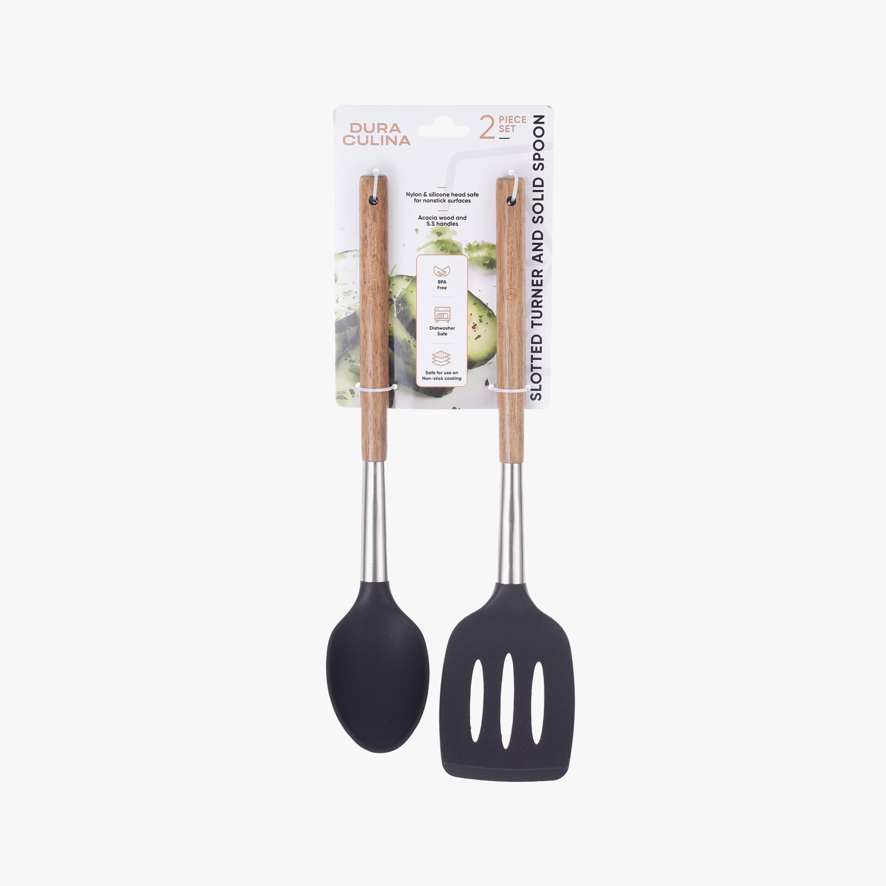Acacia Wood & Stainless Steel Non-Stick 2-Piece Solid Spoon & Slotted Turner Set | Black