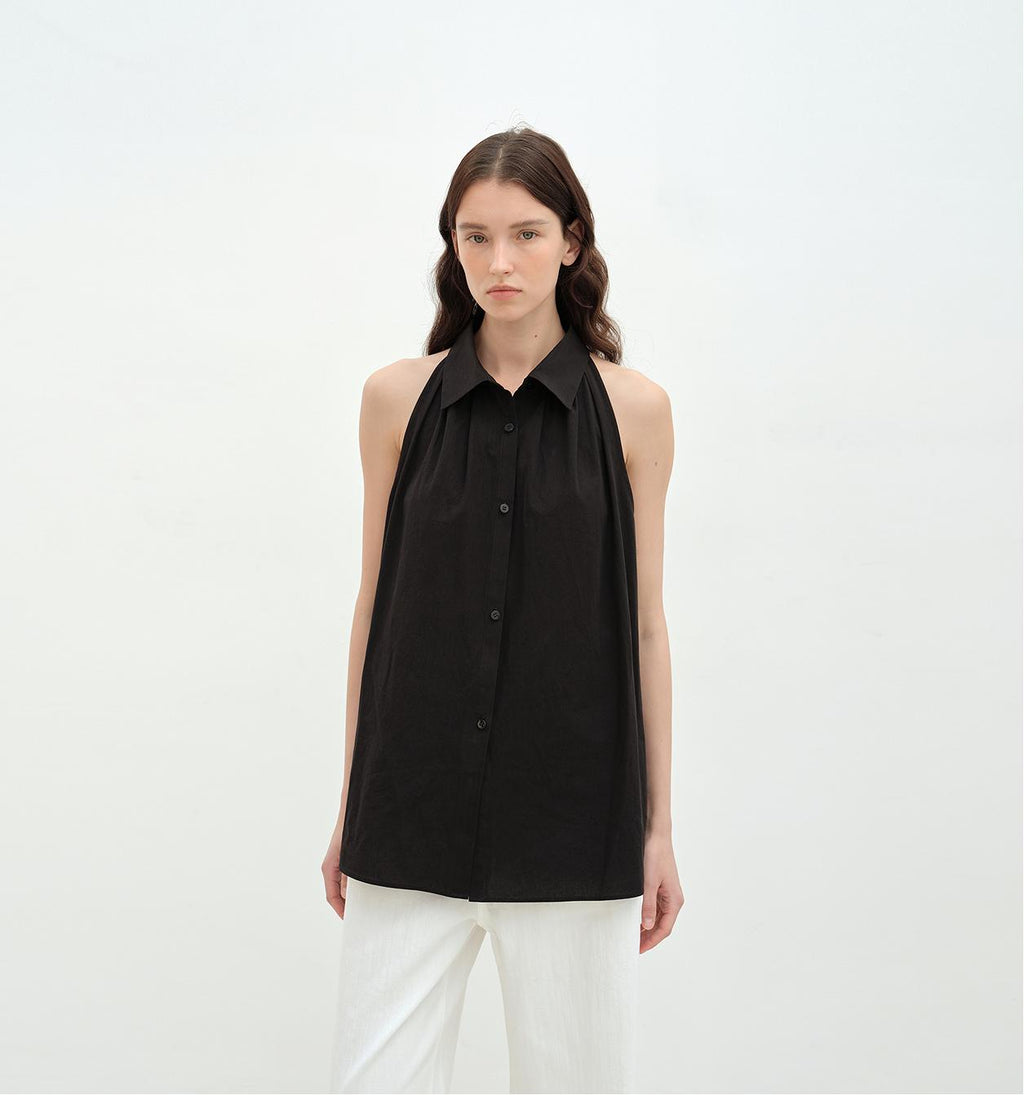 Stand-Up Collar Sleeveless Striped Shirt 'Poland Island' Pure Cotton