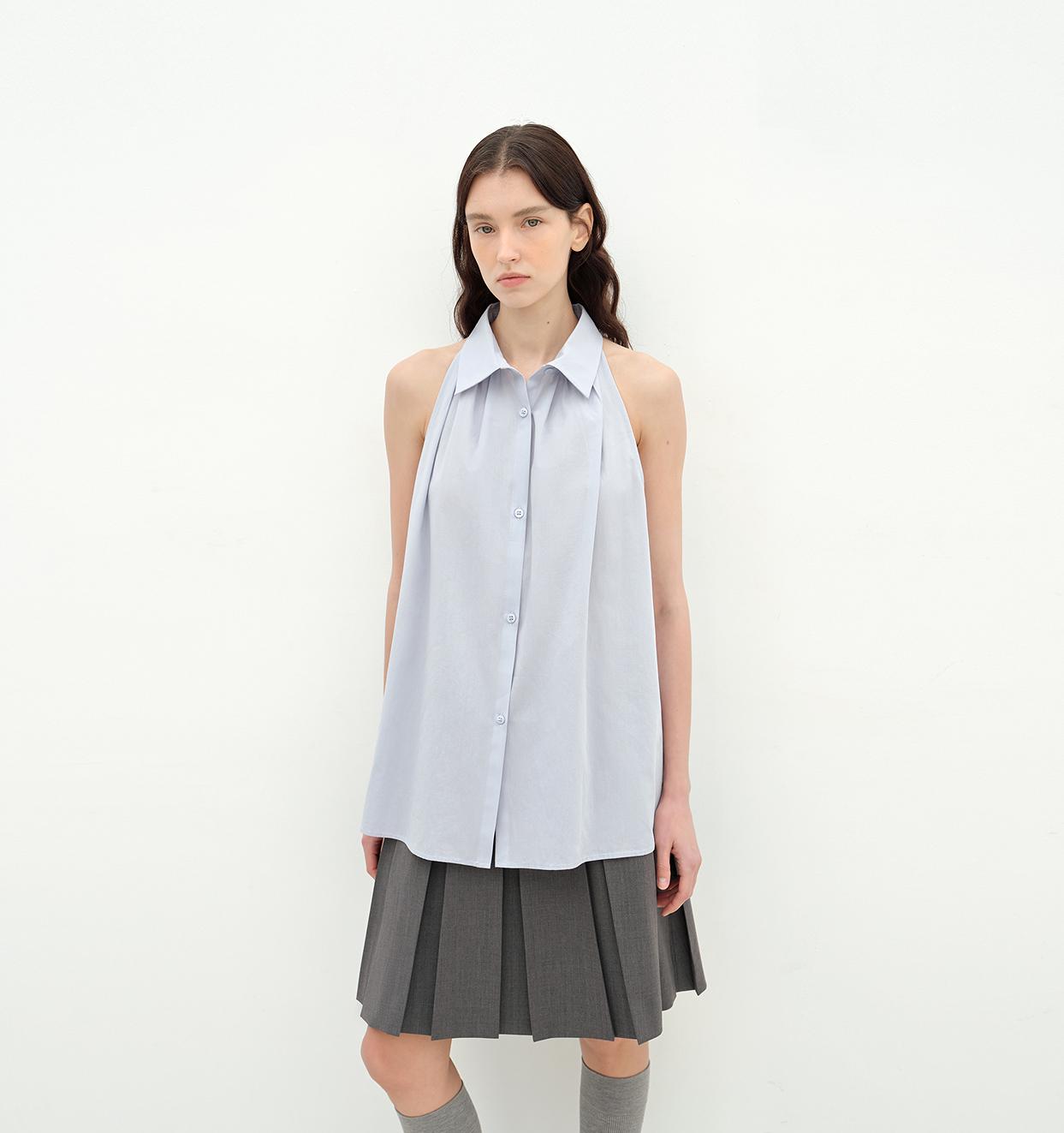 Stand-Up Collar Sleeveless Striped Shirt 'Poland Island' Pure Cotton