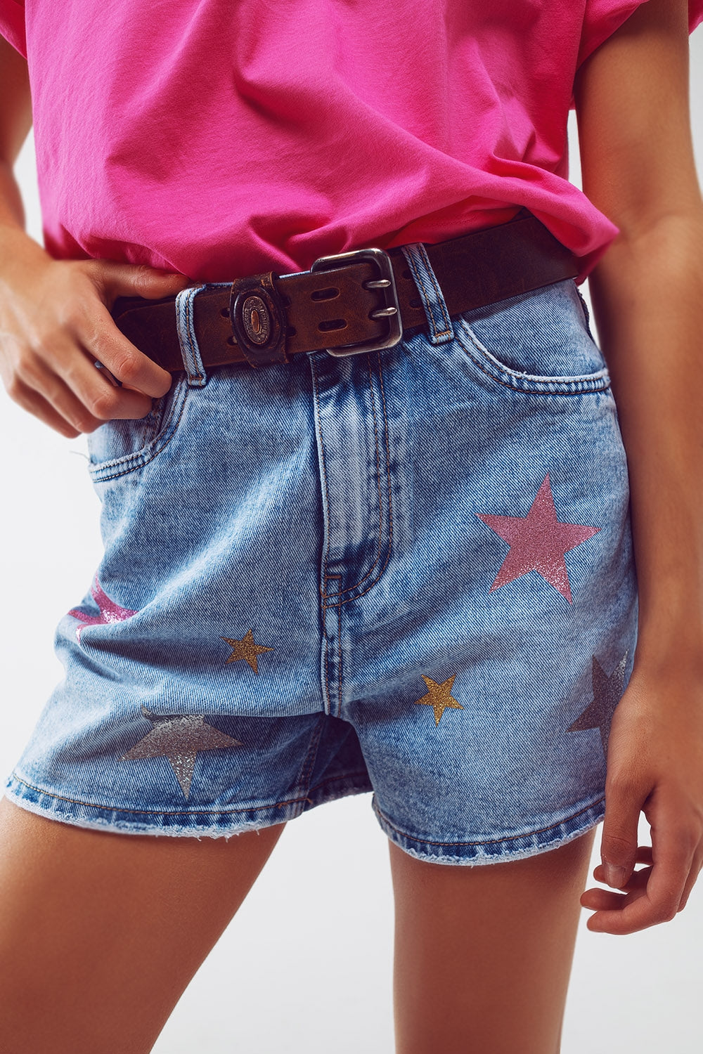 DenIm Shorts with Laminated Stars in Light Wash